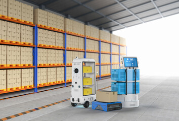 Warehouse robots or robotic assistants deliver boxes