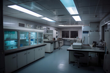 White laboratory with microscopes and equipment for the study of viruses and microorganisms. Generative AI