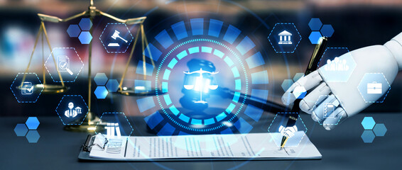 AI related law concept shown by robot hand using lawyer working tools in lawyers office with legal astute icons depicting artificial intelligence law and online technology of legal law regulations