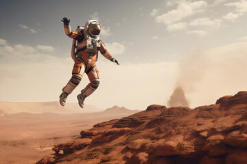 astronaut leaping on red planet surface landscape, made with generative ai