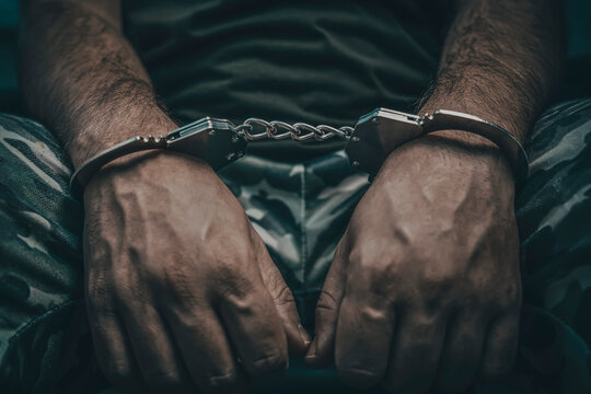 military man in handcuffs on a dark background, selective focus. Concept: war criminal, prisoner of war, tribunal for deserters, traitor to the Motherland. a prisoner of war under interrogation.