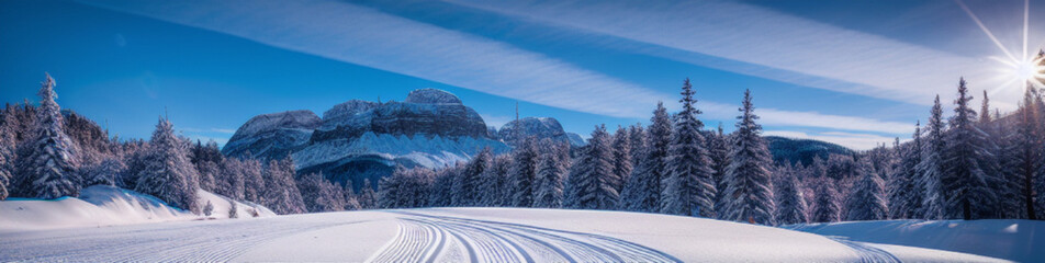 Illustration of a winter wonderland - a snowy road winding through a dense forest created with Generative AI technology