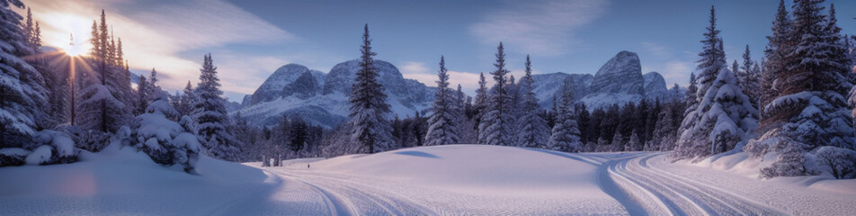Illustration of a winter wonderland - a snowy road winding through a dense forest created with Generative AI technology