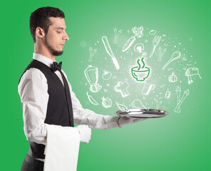Waiter holding silver tray with food icons above