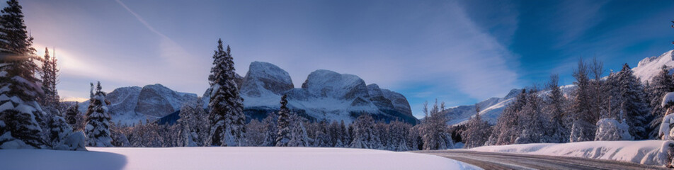 Illustration of a winter wonderland - a snowy road winding through a dense forest created with Generative AI technology