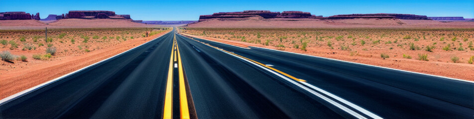 Illustration of a highway at sunset with a vibrant red sky in the background created with Generative AI technology