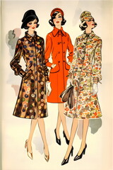1960s vintage fashion illustration women in coats, made with generative ai