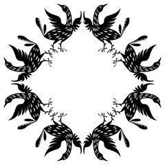 Obraz premium Geometrical ornament or animal frame with stylized birds. Traditional Russian folk motif. Black and white silhouette.