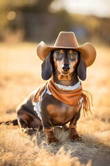 dachshund dog wearing cowboy hat and bandana, made with generative ai