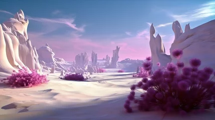 Fotobehang vast alien planet landscape with pink flowers and rock formations, made with generative ai © Ricky