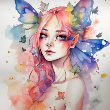 Watercolor Fairy With Pink Hair Close Up On White Paper, Made With Generative Ai