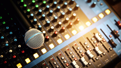Close-up microphone and sound mixer in studio for sound record control system and audio equipment and music instrument
