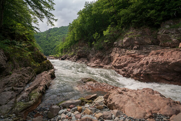 Granite Canyon of the Belaya River is a picturesque natural monument of the Western Caucasus, Maikop district, between Dakhovskaya and Khamyshki, Republic of Adygea, Russia