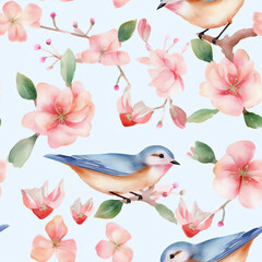 Seamless wayercolor pattern with birds and cherry blossom. Generative AI 