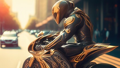 Biker with golden outfit and super bike in the city during the day. Generative AI