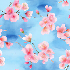 Seamless watercolor pink cherry blossom on the blue sky pattern. Generative AI