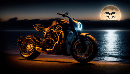 Black super sports bike with beach at night in the background. Generative AI