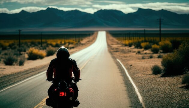 Biker on a road in the desert during the day with mountains in the background. Generative AI

