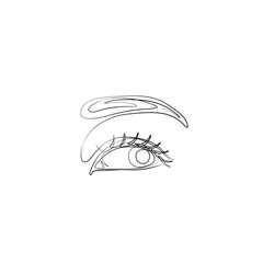 Eye with eyebrow, continuous line drawing, small tattoo, print for clothes and logo design, emblem or logo design, logo for the studio eyelash, isolated vector illustration.