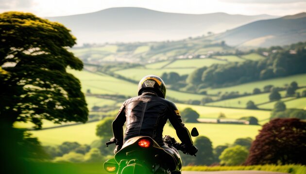 Biker on a road in the field during the day with mountains in the background. Generative AI
