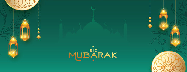 muslim eid mubarak religious banner with realistic glowing lamp