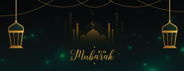traditional eid mubarak event banner with mosque and fanoos