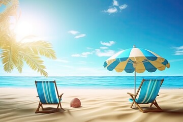 Fototapeta na wymiar Beautiful stunning beach summer concept with chair white sand and blue skies. Generative AI