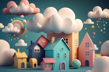 Obraz na płótnie Canvas 3D cute mini city, mini world, miniature city, kid style, colorful, houses, hotels, streets, clouds, hill, happy color