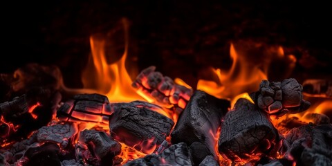 Hot charcoals in fire. Generative AI image
