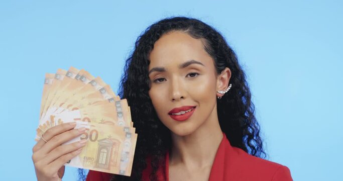 Portrait of businesswoman with money fan, mockup and savings deal for small business loan isolated on blue background. Cash discount, budget and success, woman with financial freedom in studio space.