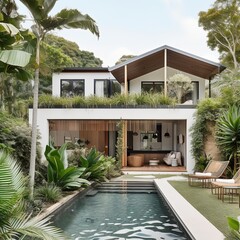 Luxury white beach house with the sea view and beautiful garden Generative AI