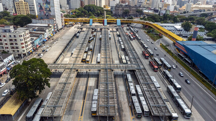 SAO PAULO, BRAZIL, MARCH 24, 2023, Aerial view of the Parque Dom Pedro II bus terminal