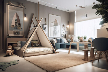 bedroom for baby, kid, child, boy, or girl has a tent, bright, luxury furniture, large window, 3d rendering generative AI tool.
