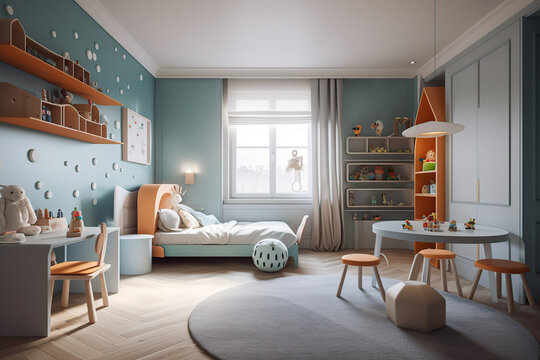 3D rendering of the stylish cozy interior of the children's room, wallpaper, and large window, with beautiful sunlight, generative by AI.