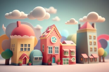 Obraz na płótnie Canvas 3D cute mini city, mini world, miniature city, kid style, colorful, houses, hotels, streets, clouds, hill, happy color