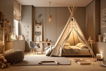 bedroom for baby, kid, child, boy, or girl has a tent, bright, luxury furniture, large window, 3d rendering generative AI tool.