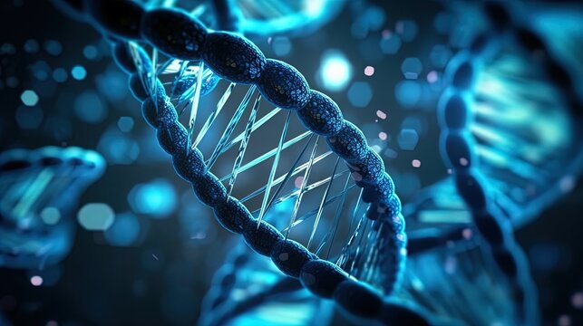 Futuristic DNA Evolution: Microscopic View of Human Genetic Progression on Blue Helix Background in 8K created with generative ai technology