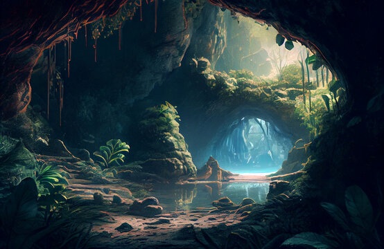 Magical cave with natural plants, ray of light in the middle of the darkness, dark yet beautiful scenery of nature in the depth of earth, where the magic of the forest underworld is coming to life AI 