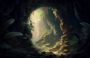 Fototapeta na wymiar Magical cave with natural plants, ray of light in the middle of the darkness, dark yet beautiful scenery of nature in the depth of earth, where the magic of the forest underworld is coming to life AI 