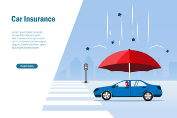 Car insurance. Car on street under protection from umbrealla. Car accident, travel and car insurance concept. Vector illustration.