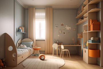Cozy stylish bedroom designed for a teenager, kid, child, baby. luxury interior. 3D rendering, generative AI