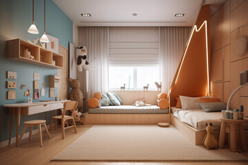 Cozy stylish bedroom designed for a teenager, kid, child, baby. luxury interior. 3D rendering, generative AI