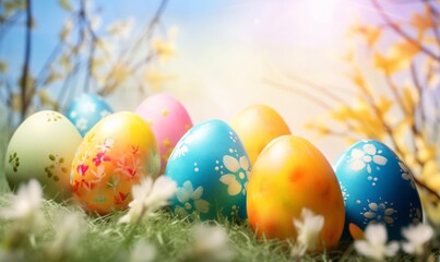 Fototapeta na wymiar Colorful easter eggs on the spring background
