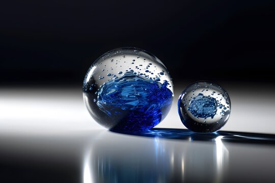 Blue glass and transparent orb drops spheres on table