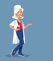 Smiling Doctor Explaining Diagnosis Vector Cartoon Illustration. Happy general practitioner explaining diagnosis wearing her white coat 
