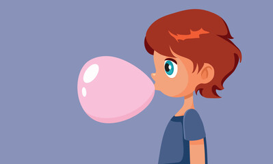 Happy Boy Chewing Pink Bubble Gum Vector Cartoon Illustration. Cheerful child popping and chewing a pink strawberry flavored gum
