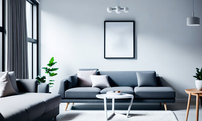 Mock up poster frame in modern interior background, interior space, living room, Contemporary style, 3D render, 3D illustration