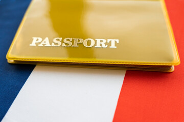 Flag of france with passport. Travel visa and citizenship concept. residence permit in the country....