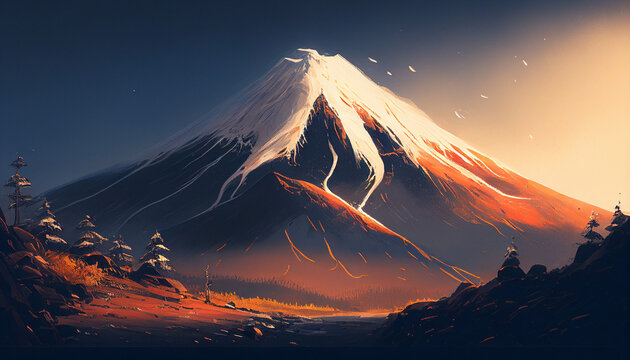 早朝の赤富士（あかふじ）イラストタッチ |  Illustration of early morning red Fuji(Akafuji) Generative AI