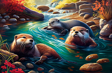 Obraz na płótnie Canvas peaceful river flowing through a colorful forest with a family of beavers building a dam in a natural environment landscape with fish, trees and woods AI Generated 